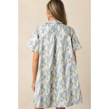 Green Floral Print Shirtcollar Buttoned Short Sleeve Shift Dress