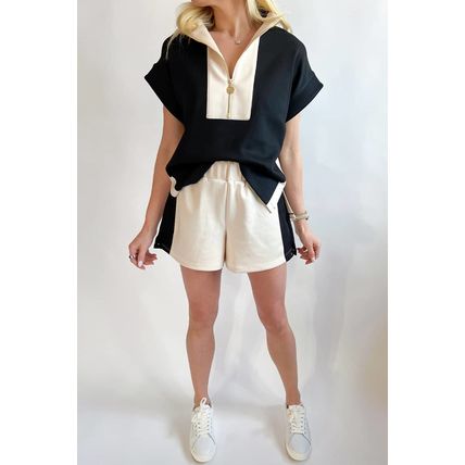 Black Contrast Zipped Stand Collared T Shirt and Short Set