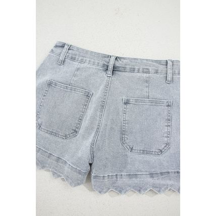 Dusk Blue Scalloped Hemline Acid Wash High Waist Denim Shorts