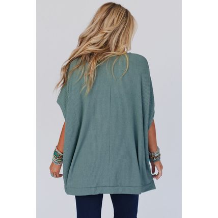 Moonlight Jade Oversized Ribbed Knit V Neck Dolman Short Sleeve Top