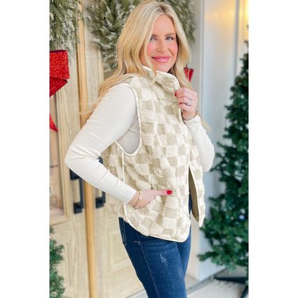 Khaki Sherpa Checkerboard Snap Button Vest Jacket With Pocket