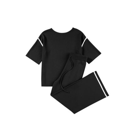 Black Contrast Trim Half Sleeve Top Drawstring Pants Loose 2pcs Sweater Suit