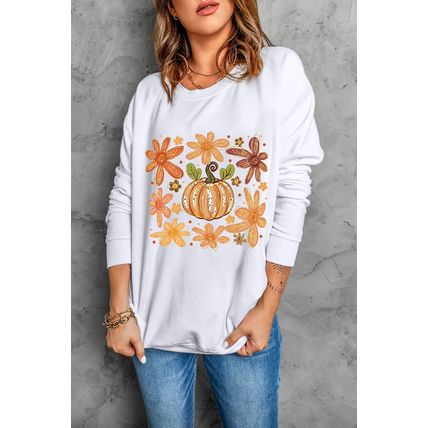 White Flower Pumpkin Printed Cotton Blend Sweatshirt