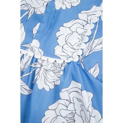 Sky Blue Floral Ricrac Trim Collared Puff Sleeve Loose Blouse