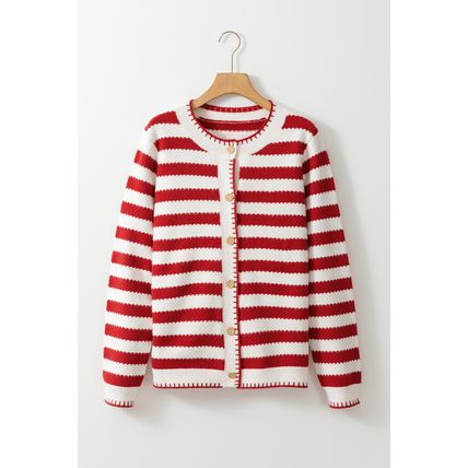 Red Stripe Chic Golden Button Cardigan Sweater