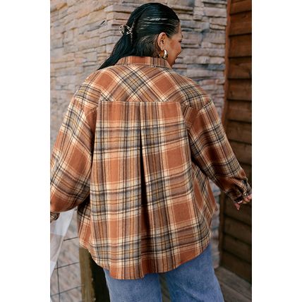 Brown Plaid Print Flap Pocket Buttoned Plus Size Shacket
