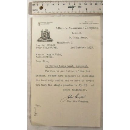 1953 letter Alliance Assurance, Manchester re Dorcas Lydia Lunt