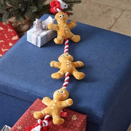 Dog Toy Squeaker Gingerbread Men on Rope Tug of War ZOON Plush Fun Christmas
