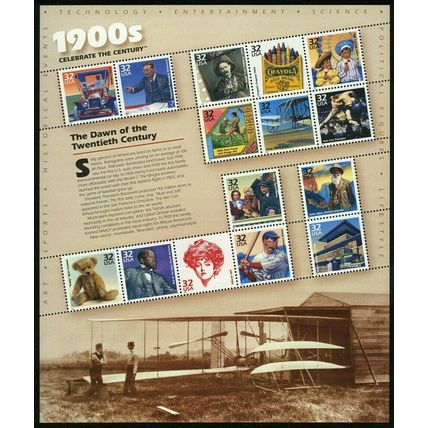 Celebrate the Century 1900's Sheet of Fifteen 32 Cent Postage Stamps Scott 3182