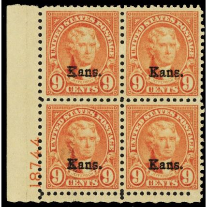 667, Mint LH VF 9¢ Kansas Plate Block of Four - Stuart Katz