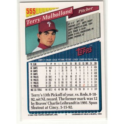 1993 Topps Gold baseball card 555 Terry Mulholland - Phillies