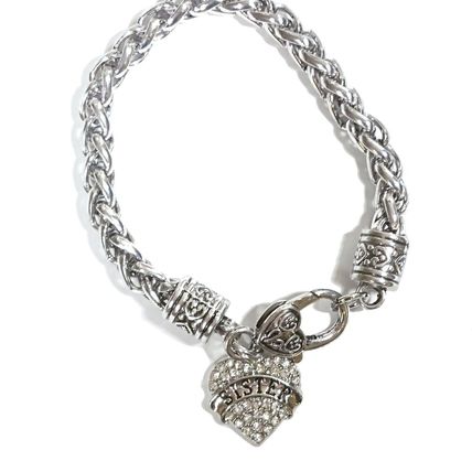 Chunky silver sister diamante crystal heart bracelet with heart clasp gift