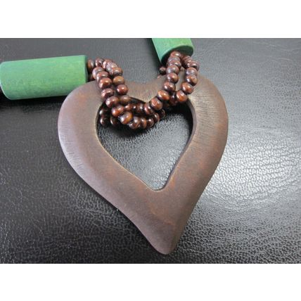 Festival Tribal Long Brown & Green Beaded Monkey Wood Heart Necklace