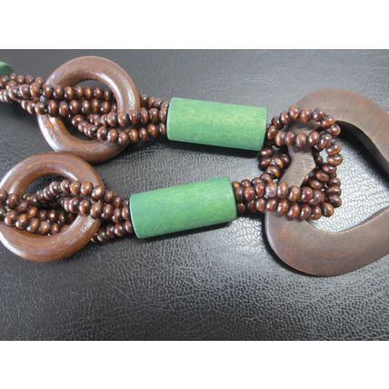 Festival Tribal Long Brown & Green Beaded Monkey Wood Heart Necklace