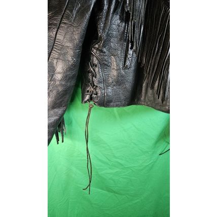 Vintage UNIK Black Leather Motorcycle jacket Womans M Fringe Rose Inlay Lined
