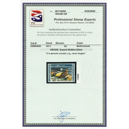 RW40, Mint Superb NH $5 Duck Stamp - PSE Graded 98 * Stuart Katz