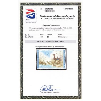RW28, Mint XF/Superb NH $3 Duck Stamp - PSE Graded 95 * Stuart Katz