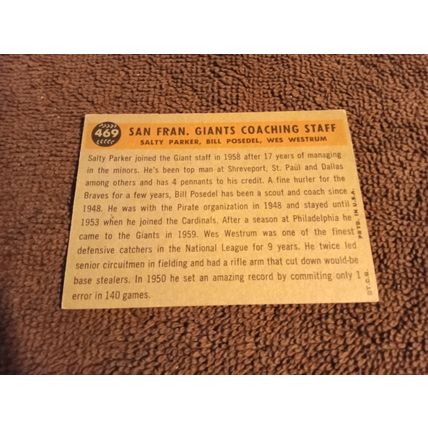 1960 Topps # 469 San Francisco Giants Coaches EX/MT Condition No Creases