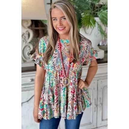 Purple Floral Print Ruffle Sleeve Babydoll Top