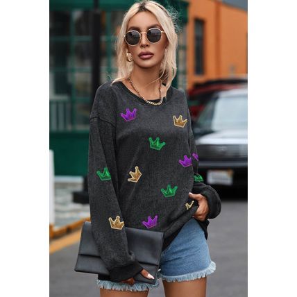 Black Mardi Gras Crown Sequin Patch Corded Baggy Sweatshirt