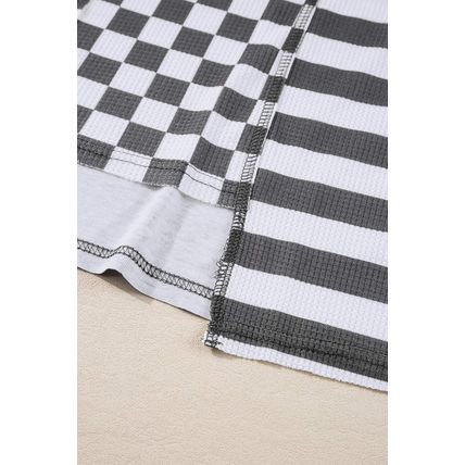 Dark Grey Checkerboard Striped Patchwork Lantern Sleeve Pocketed Blouse