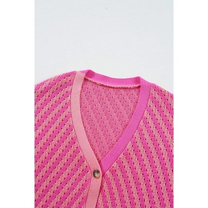 Pink Striped Buttoned V Neck Drop Shoulder Cardigan