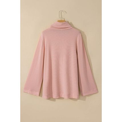 Pink Stripe Cowl Neck Side Slits Loose Fit Long Sleeve Top