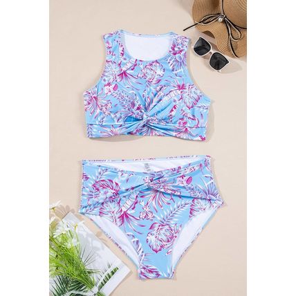 Sky Blue Plus Size Floral Print Twisted High Waist Bikini Set