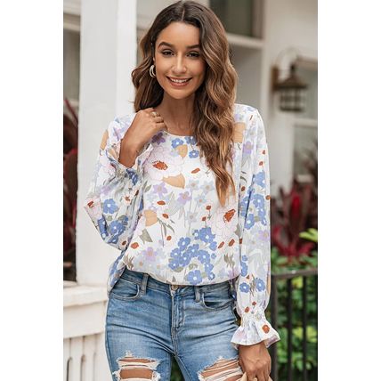 White Floral Print Sweet Lantern Long Sleeve Blouse