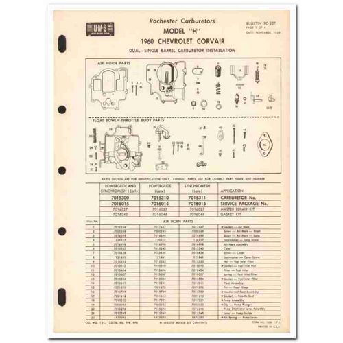 rochester carburetors 1960 chevrolet corvair model h vintage manual