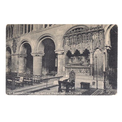 ST BARTHOLOMEW THE GREAT, PRIOR RAPHERE'S TOMB used vintage postcard, 1956 pm =