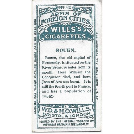 Arms of Foreign Cities 1912 Wills's Cigarette Card 42 - Rouen