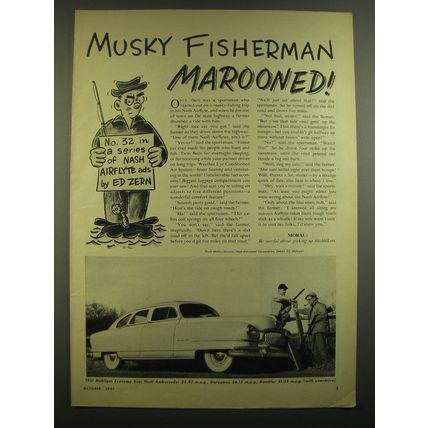 1951 Nash Ambassador Ad - art by Ed Zern - Musky Fisherman Marooned