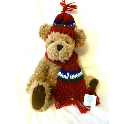 VINTAGE GIBSON GREETINGS LIGHT BROWN FURRY PLUSH BEAR w MAROON KNIT HAT & SCARF