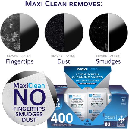 Glasses Wipes Lens Cleaner - Lens Wipes for Eyeglasses - 400 Pre-Moistened Indiv