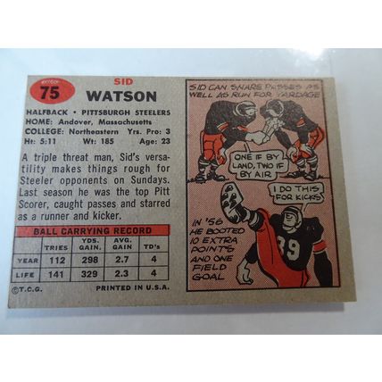 1957 Topps Football Card # 075 Sid Watson Very Good (3) Pittsburgh Steelers