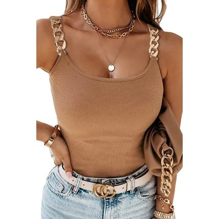 Brown Gold Chain Straps Rib Knit Tank Top