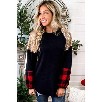 Crewneck Lantern Sleeve Plaid Sequin Splicing Pullover Sweatshirt
