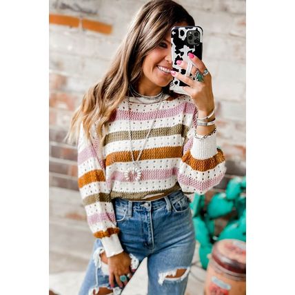 Multicolor Striped Hollowed Knitted Loose Sweater