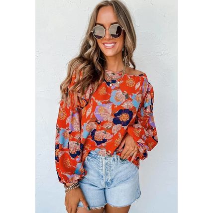 Red Floral Print Ruffle Puff Sleeve Blouse