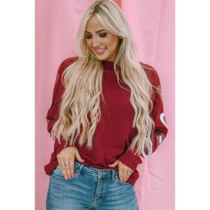 Red Sequined Heart Printed Sleeves Valentine Fashion Top