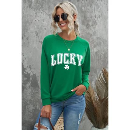 Green St. Patricks LUCKY Clover Print Raglan Sleeve Sweatshirt