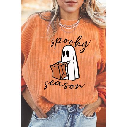 Orange Spooky Season Ghost Print Ribbed Pullover Sweatshirt