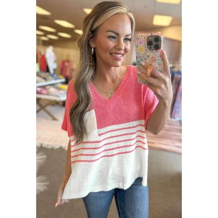 Strawberry Pink Contrast Stripes V Neck Knitted Short Sleeve Top