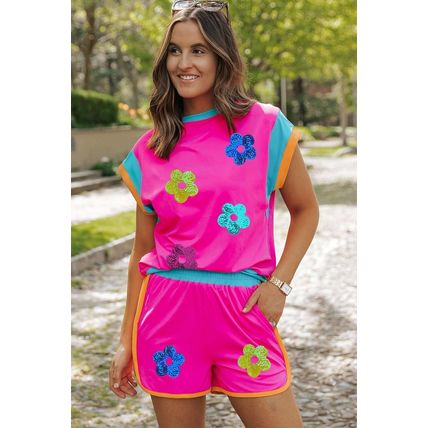 Rose Red Sequined Flower Graphic Colorblock 2 Piece Shorts Set