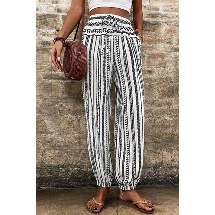 Black Stripe Boho Striped Print Casual Pants
