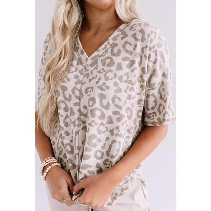 Brown Leopard Print V Neck Plus Size T Shirt