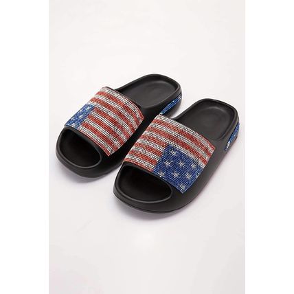 Black Rhinestone American Flag Thick Sole Slippers