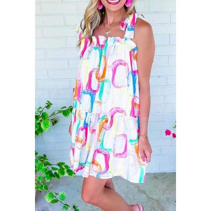 White Abstract Print Knotted Straps Ruffled Mini Dress