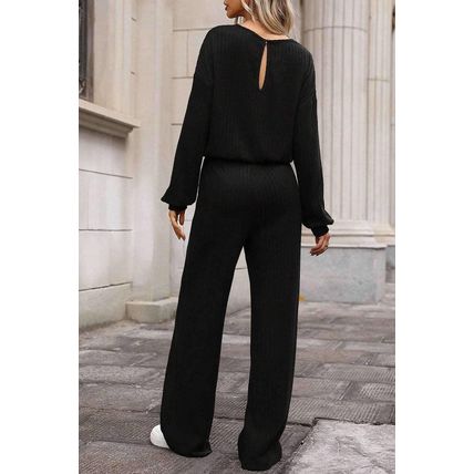 Black Solid Ribbed Knit Keyhole Back High Waist Jumpsuit